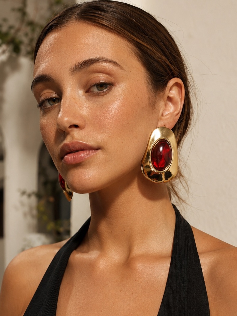 New Mayamar Gold dipped Earrings with Red statement Center